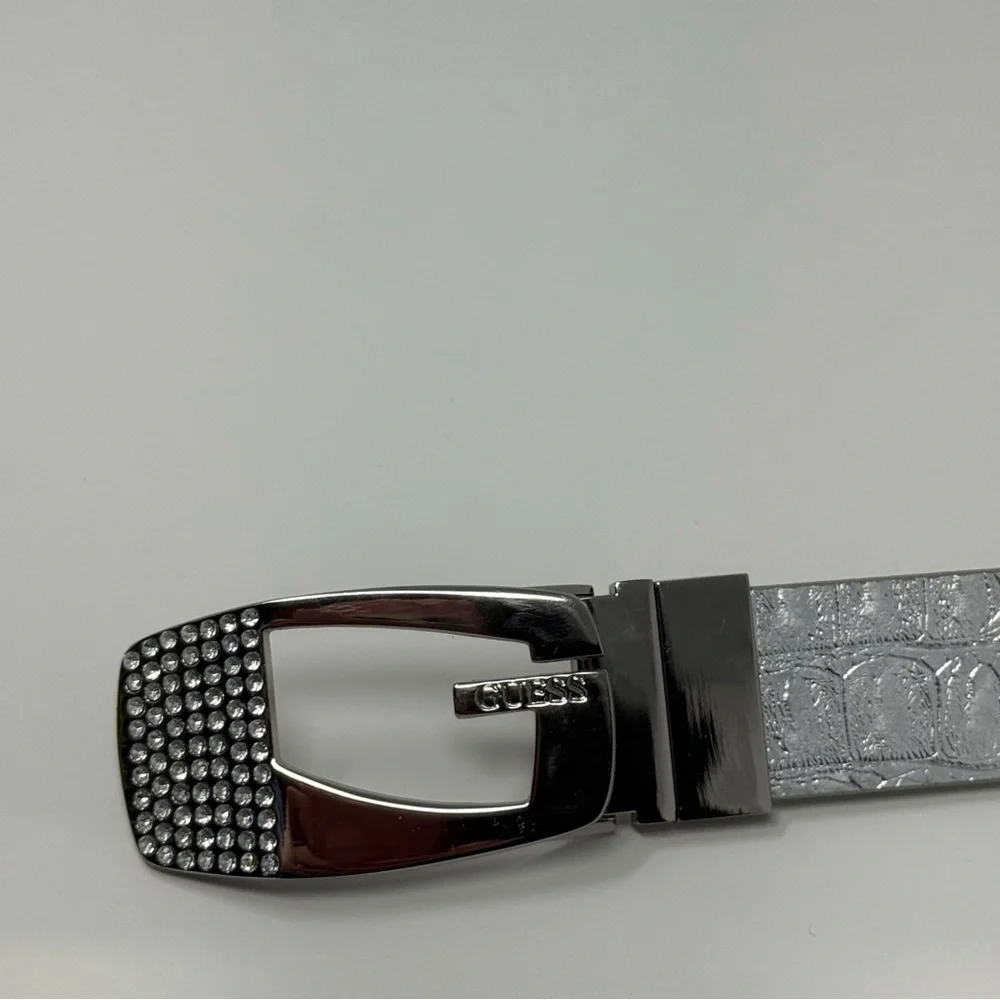 GUESS Silver Belt Rhinestone Buckle Metallic Faux Leather 38- 42 Waist